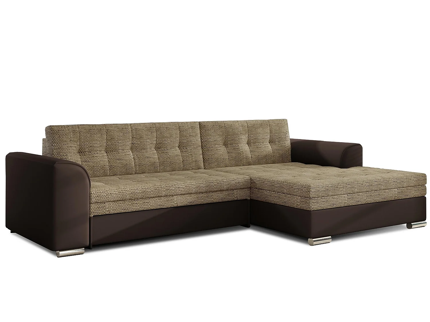 Sofá esquinero convertible KAPONA en tela y piel sintética - Patas de acero cromado-Marrón/Beige jaspeado-Ángulos rectos