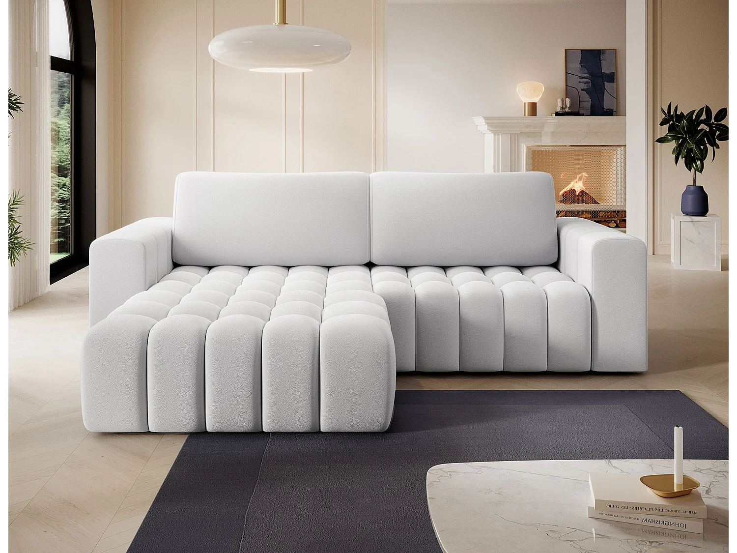 Canapé d’angle convertible BOZEN en velours capitonné avec coffre – 250cm-Gris souris-angle gauche