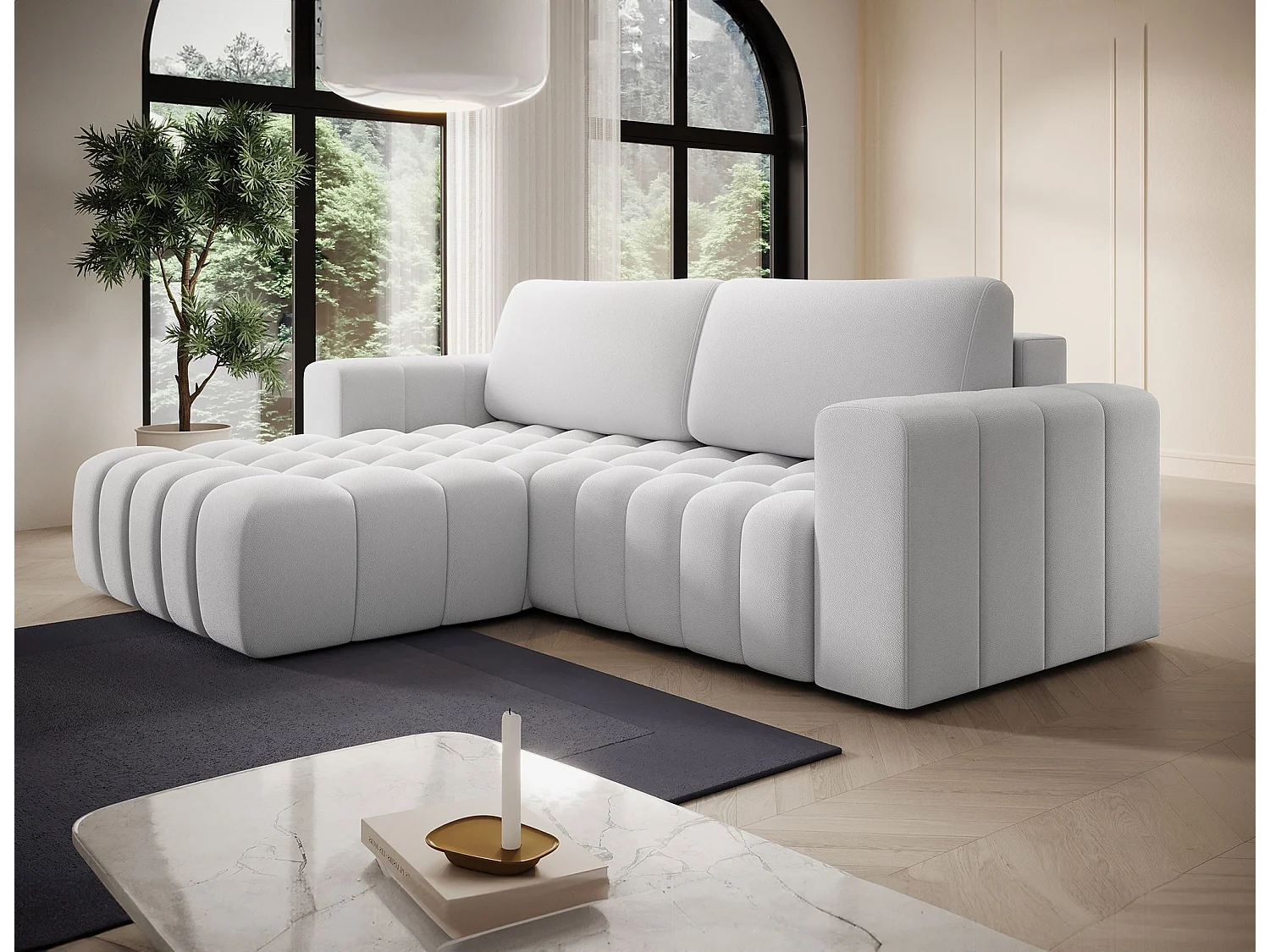 Canapé d’angle convertible BOZEN en velours capitonné avec coffre – 250cm-Gris souris-angle gauche
