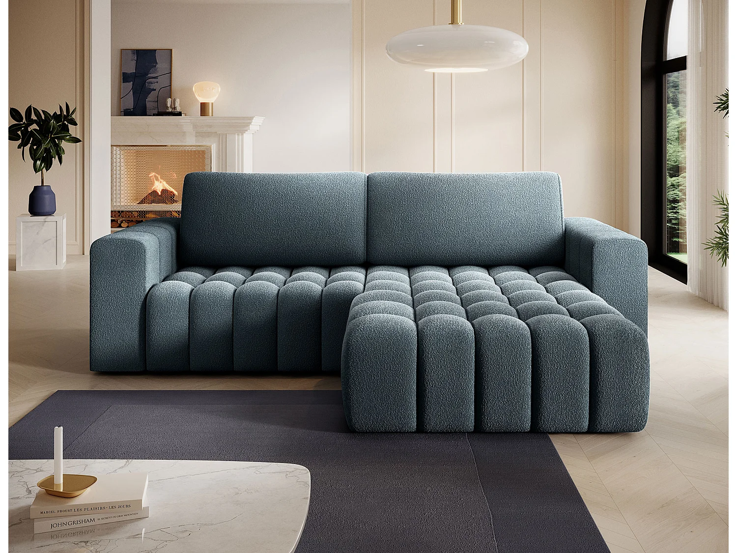 Sofá esquinero Bozen – Elegancia, confort tejido acolchado-Azul pato-Ángulos rectos