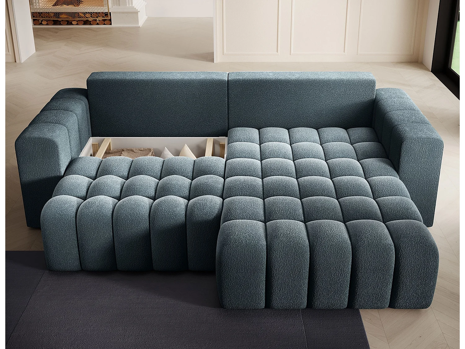 Sofá esquinero Bozen – Elegancia, confort tejido acolchado-Azul pato-Ángulos rectos