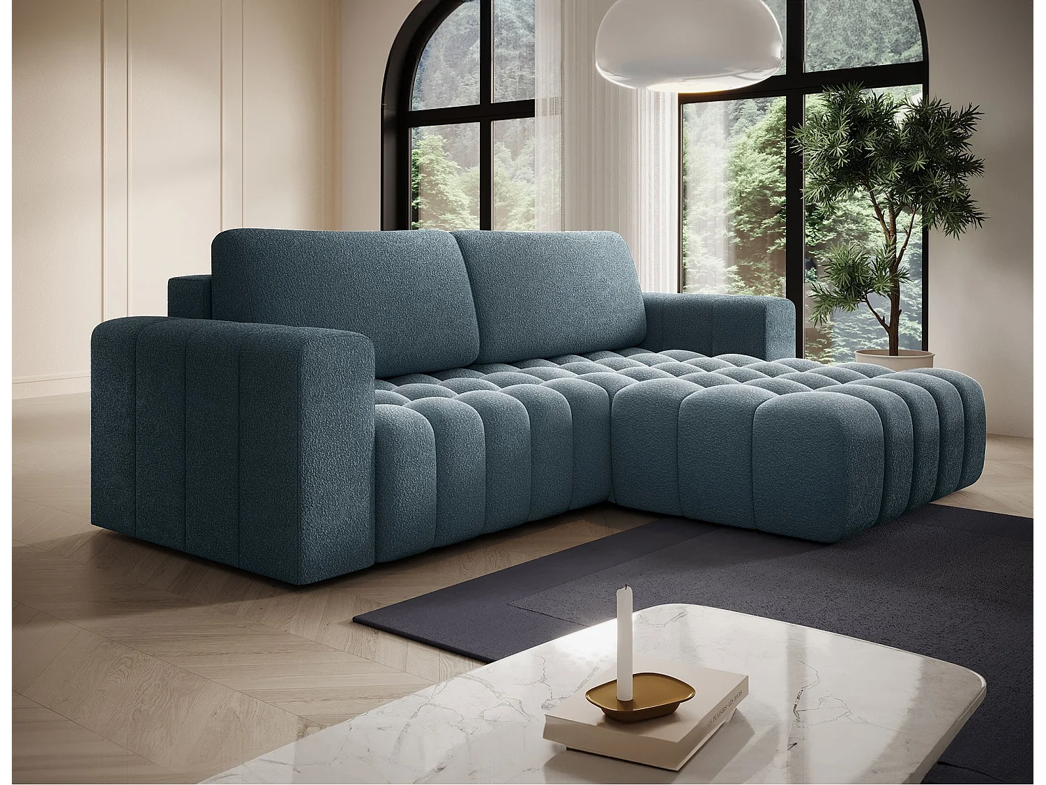 Sofá esquinero Bozen – Elegancia, confort tejido acolchado-Azul pato-Ángulos rectos