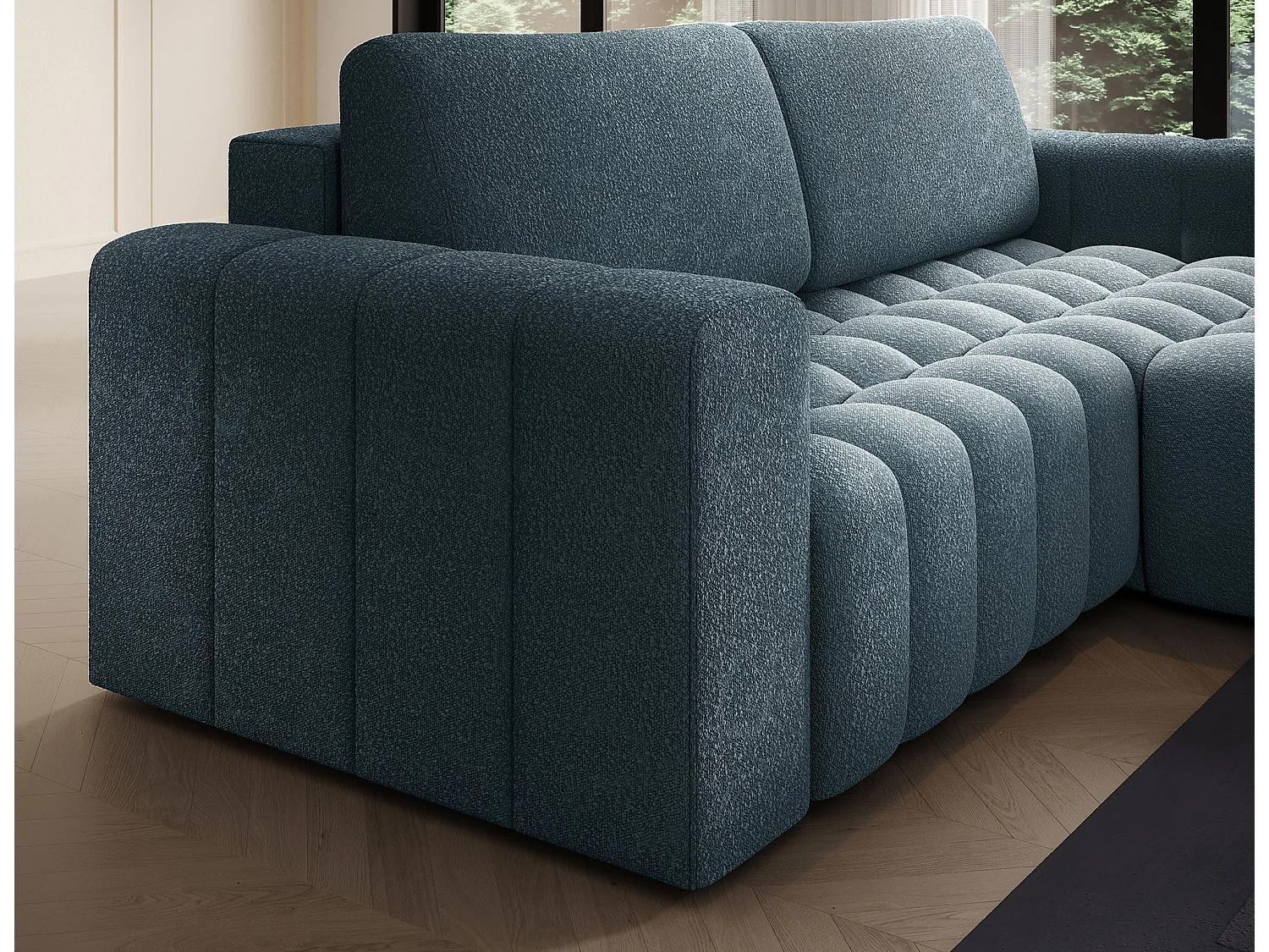 Sofá esquinero Bozen – Elegancia, confort tejido acolchado-Azul pato-Ángulos rectos