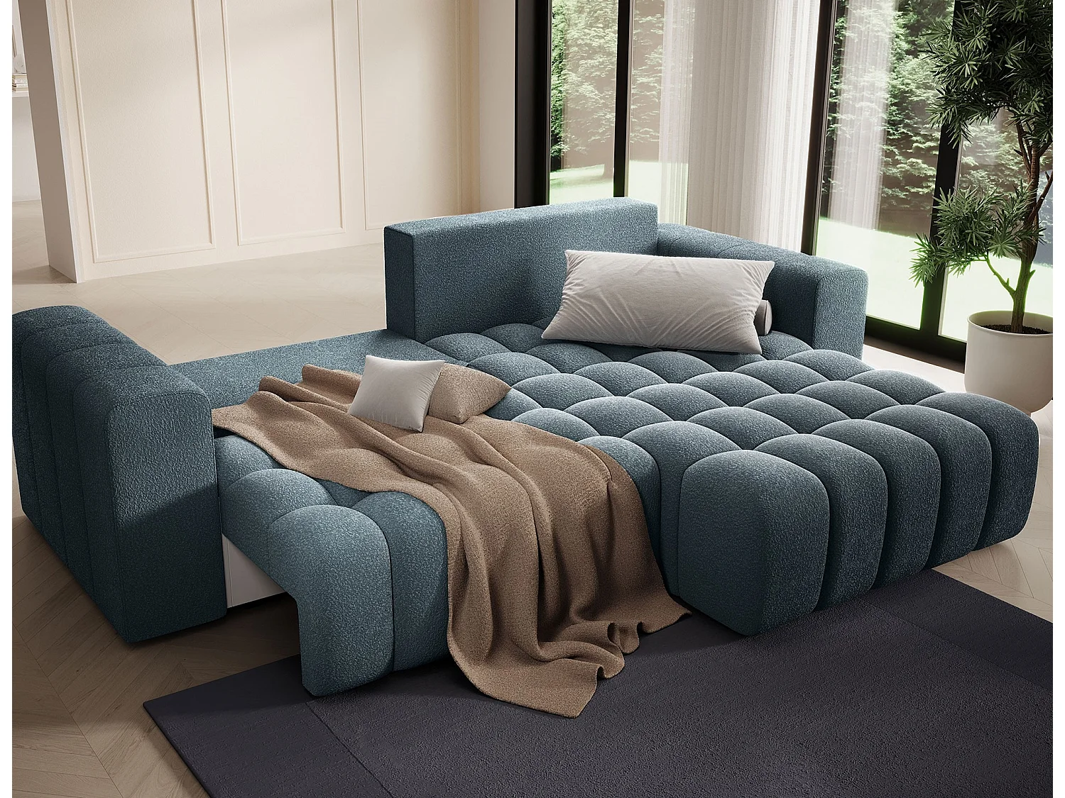 Sofá esquinero Bozen – Elegancia, confort tejido acolchado-Azul pato-Ángulos rectos