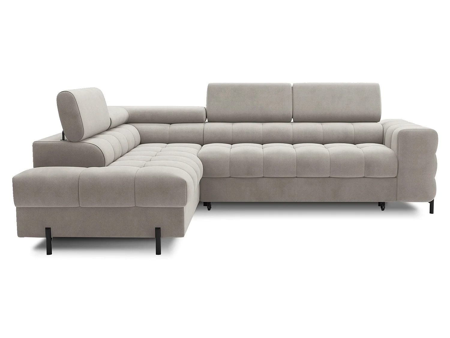 Canapé d’angle convertible LUCCINO en tissu avec coffre, têtières réglables et pieds en métal noir – 276cm-Marron clair-angle gauche