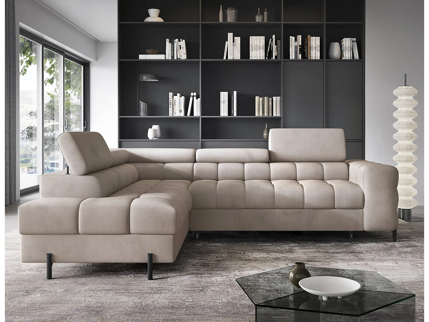 Canapé d’angle convertible LUCCINO en tissu avec coffre, têtières réglables et pieds en métal noir – 276cm-Marron clair-angle gauche