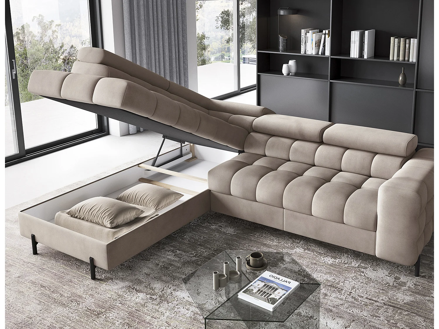 Canapé d’angle convertible LUCCINO en tissu avec coffre, têtières réglables et pieds en métal noir – 276cm-Marron clair-angle gauche