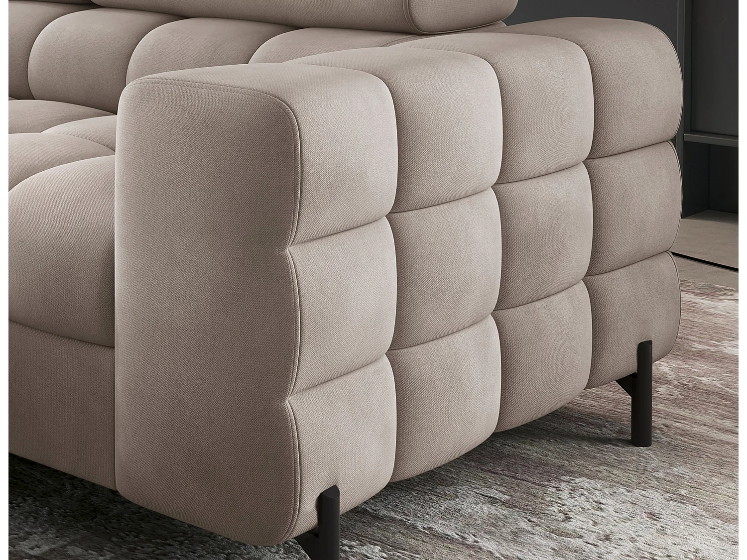 Canapé d’angle convertible LUCCINO en tissu avec coffre, têtières réglables et pieds en métal noir – 276cm-Marron clair-angle gauche