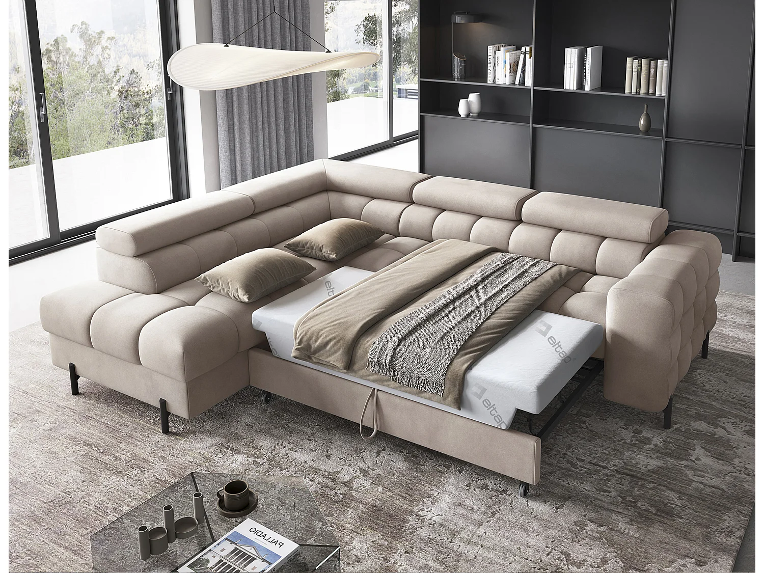 Canapé d’angle convertible LUCCINO en tissu avec coffre, têtières réglables et pieds en métal noir – 276cm-Marron clair-angle gauche