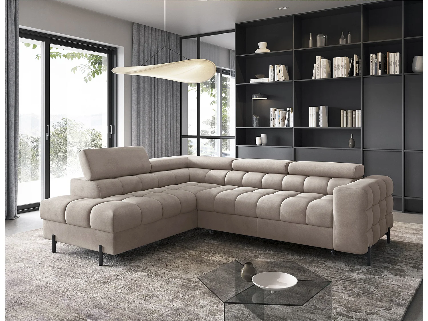 Canapé d’angle convertible LUCCINO en tissu avec coffre, têtières réglables et pieds en métal noir – 276cm-Marron clair-angle gauche
