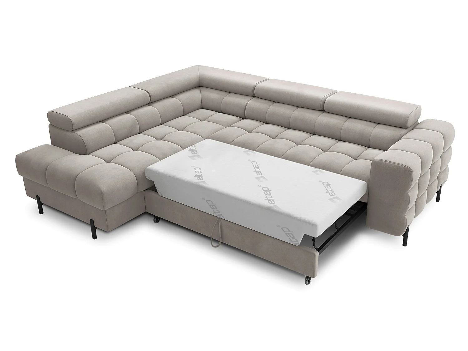 Canapé d’angle convertible LUCCINO en tissu avec coffre, têtières réglables et pieds en métal noir – 276cm-Marron clair-angle gauche