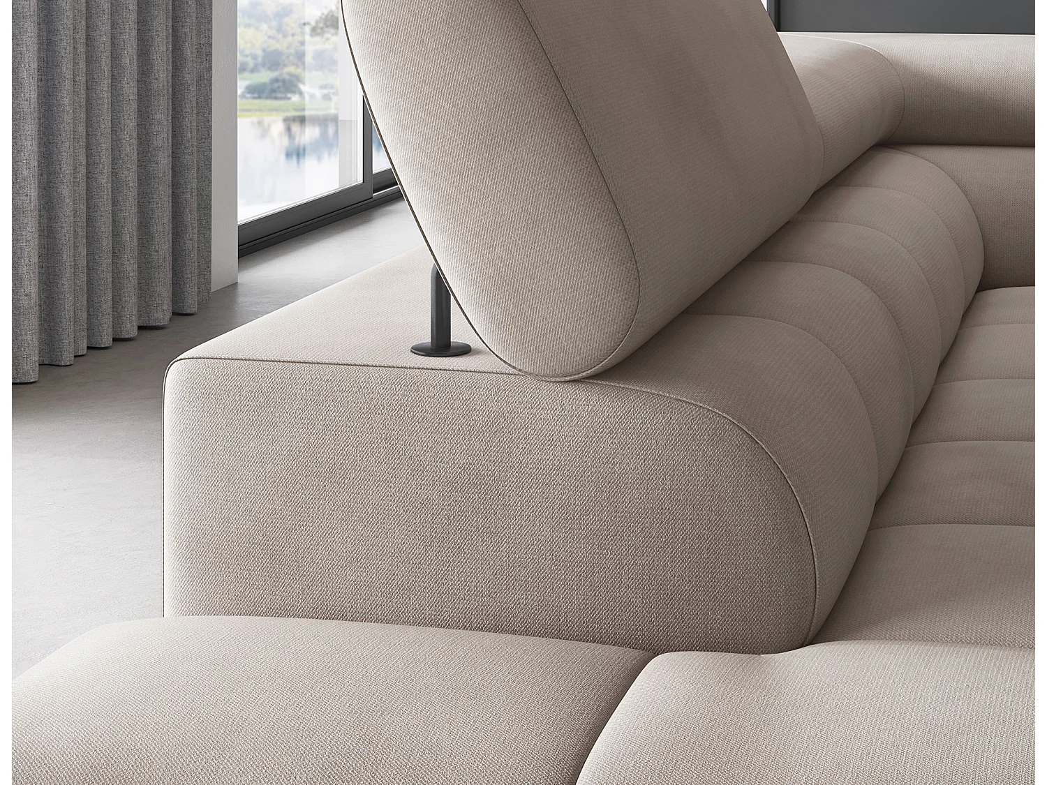 Canapé d’angle convertible LUCCINO en tissu avec coffre, têtières réglables et pieds en métal noir – 276cm-Marron clair-angle gauche