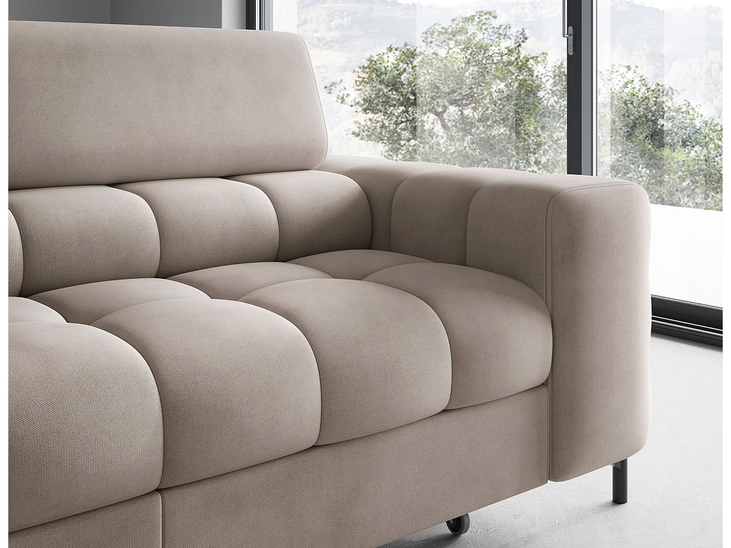 Canapé d’angle convertible LUCCINO en tissu avec coffre, têtières réglables et pieds en métal noir – 276cm-Marron clair-angle gauche