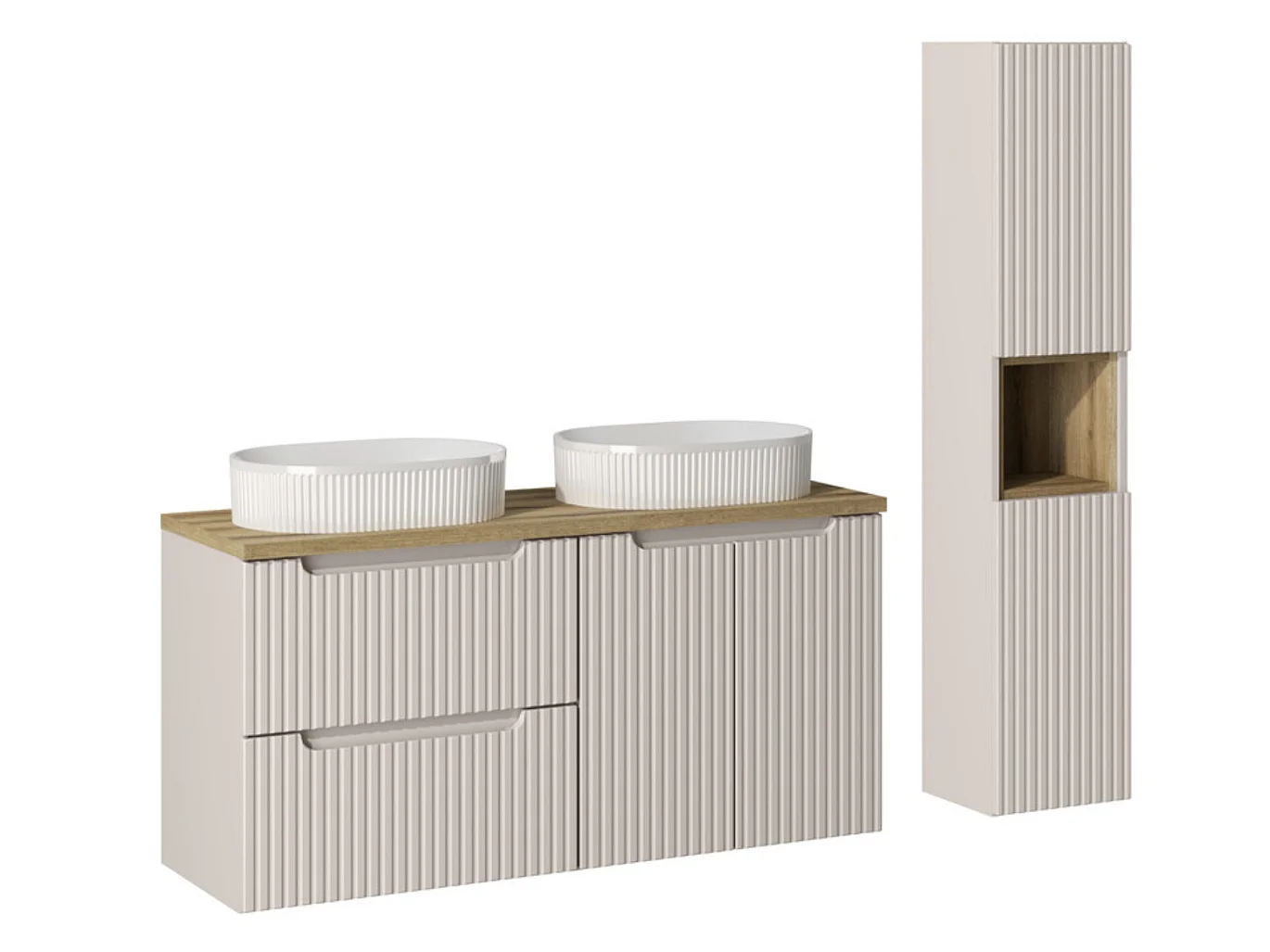 Ensemble salle de bain double vasque ovale blanche NOVA 150cm avec meubles suspendus et colonne-Taupe