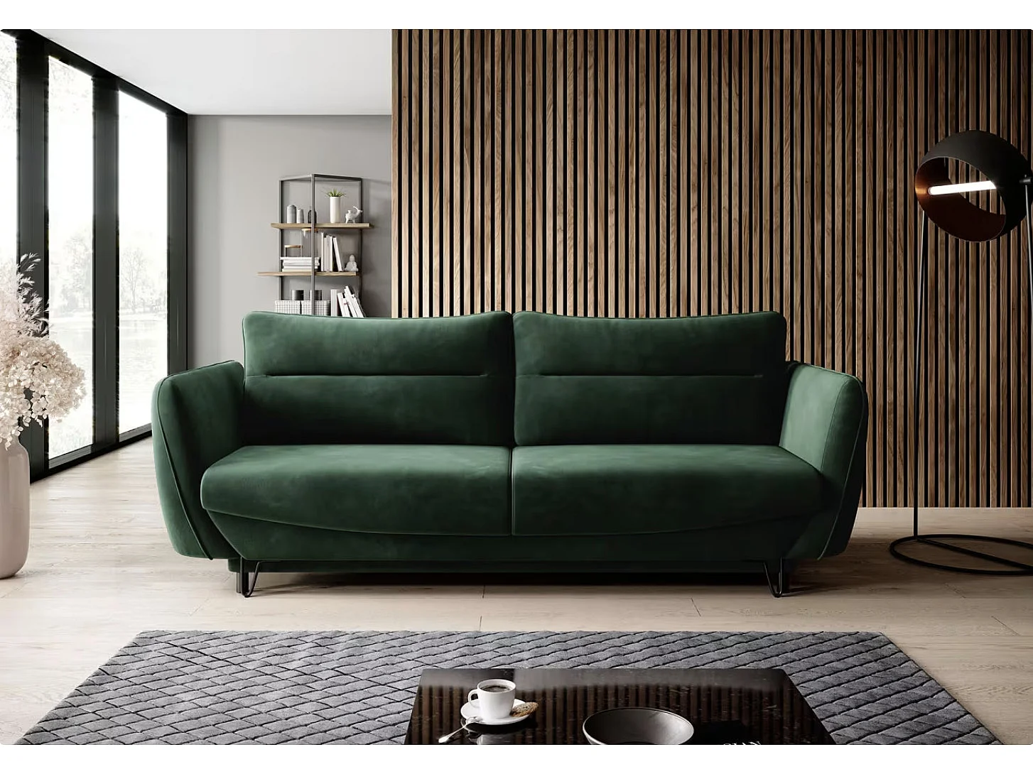 Canapé droit convertible 3 places tissu ZURIK 236cm - Coffre de rangement & pieds métal noir-Vert épinard