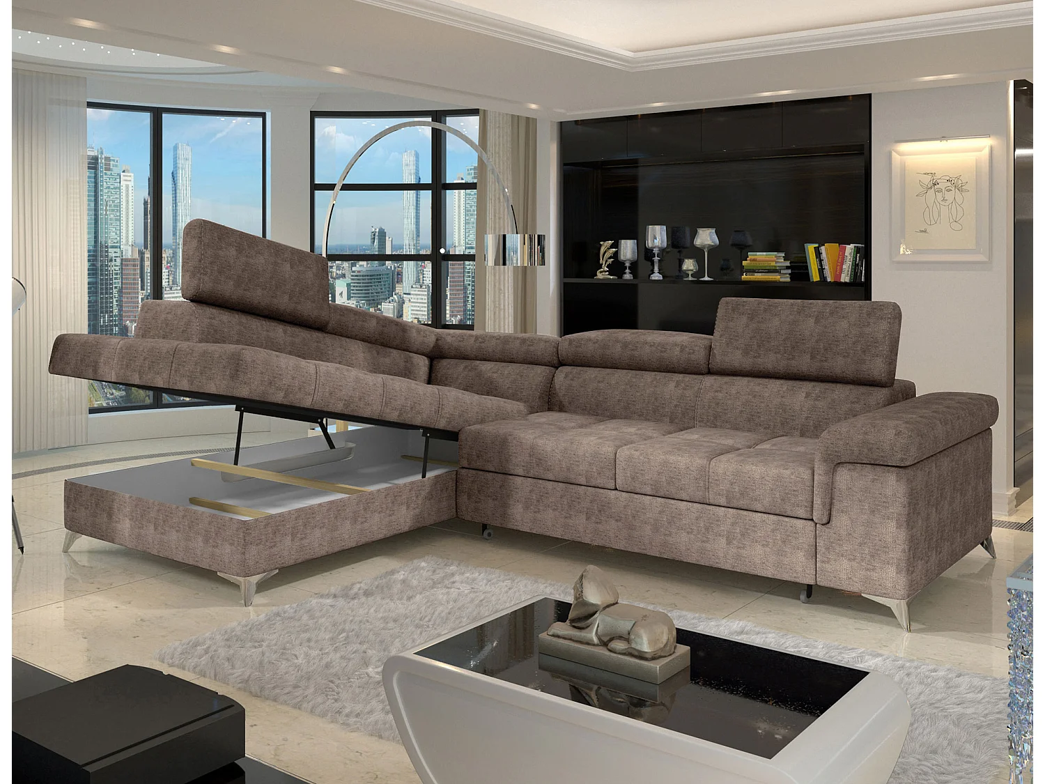 Canapé d’angle convertible MARIDO en tissu avec coffre et têtières réglables – 275cm-Marron clair-angle gauche