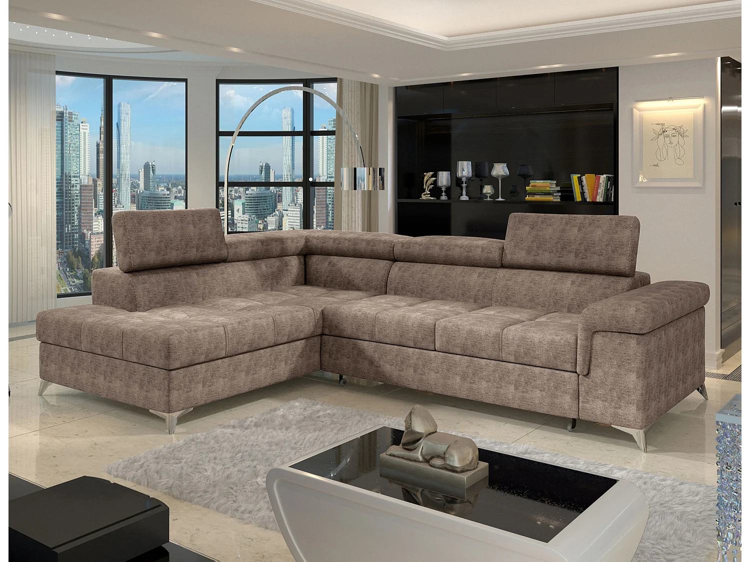 Canapé d’angle convertible MARIDO en tissu avec coffre et têtières réglables – 275cm-Marron clair-angle gauche