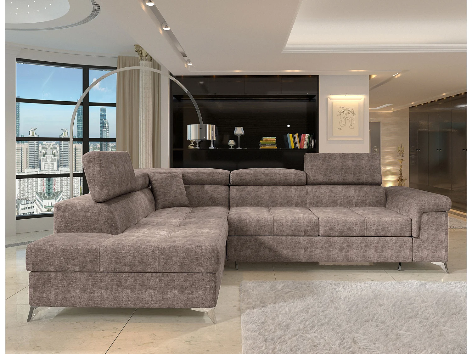 Canapé d’angle convertible MARIDO en tissu avec coffre et têtières réglables – 275cm-Marron clair-angle gauche