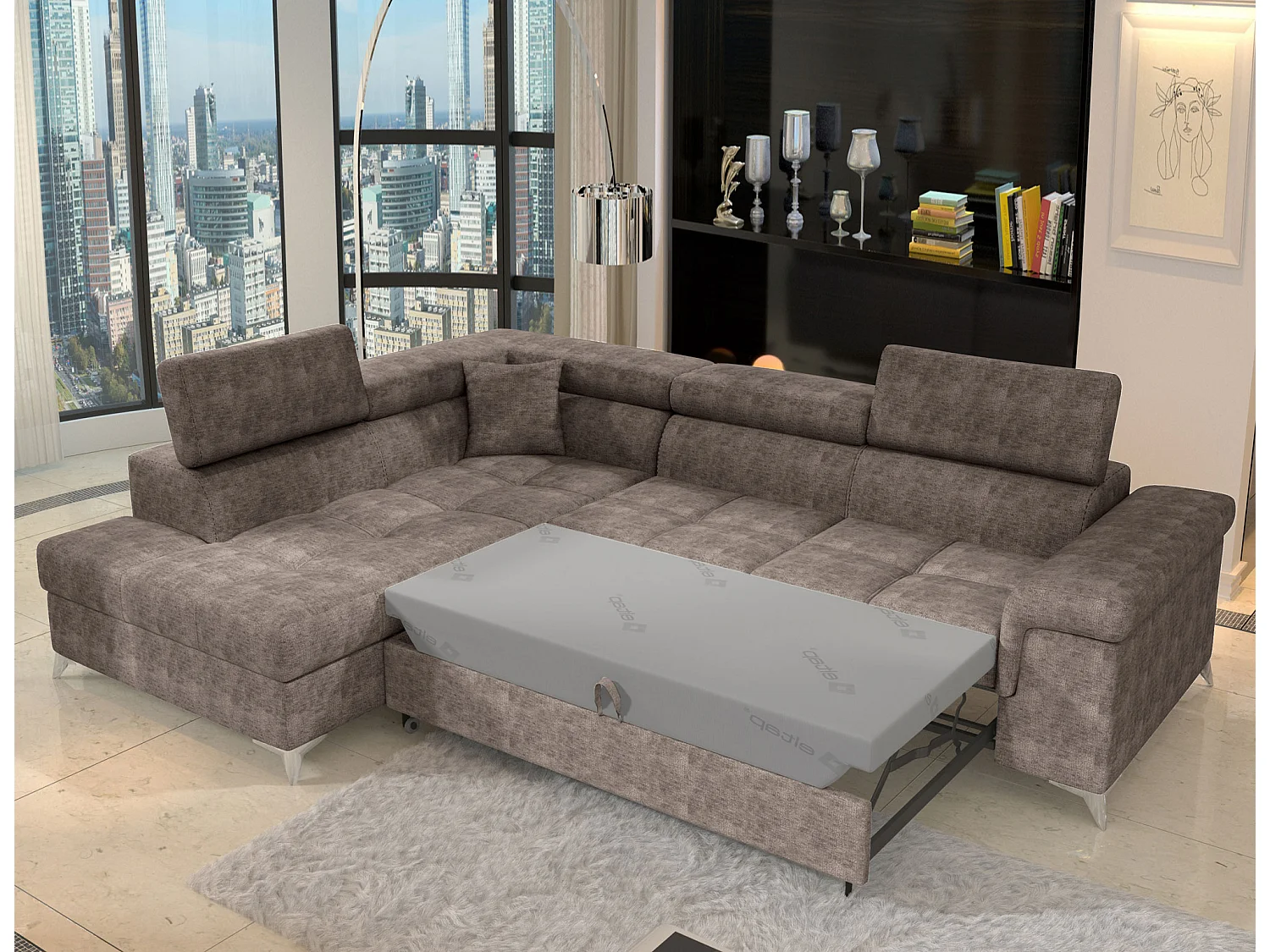 Canapé d’angle convertible MARIDO en tissu avec coffre et têtières réglables – 275cm-Marron clair-angle gauche