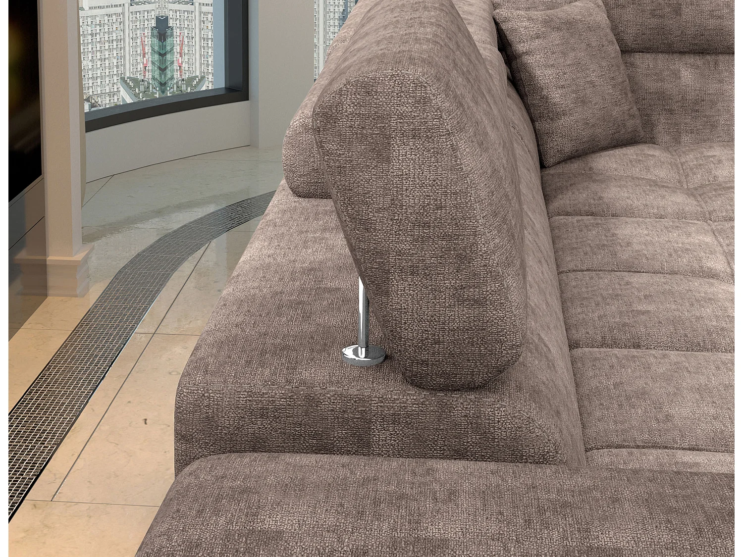 Canapé d’angle convertible MARIDO en tissu avec coffre et têtières réglables – 275cm-Marron clair-angle gauche