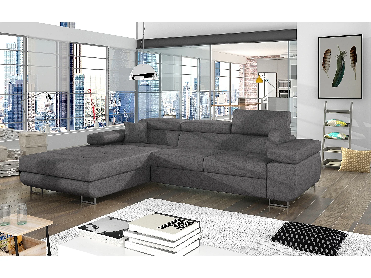Canapé d’angle convertible KALIZO en velours avec coffre et têtières réglables – 289cm-Gris-angle gauche
