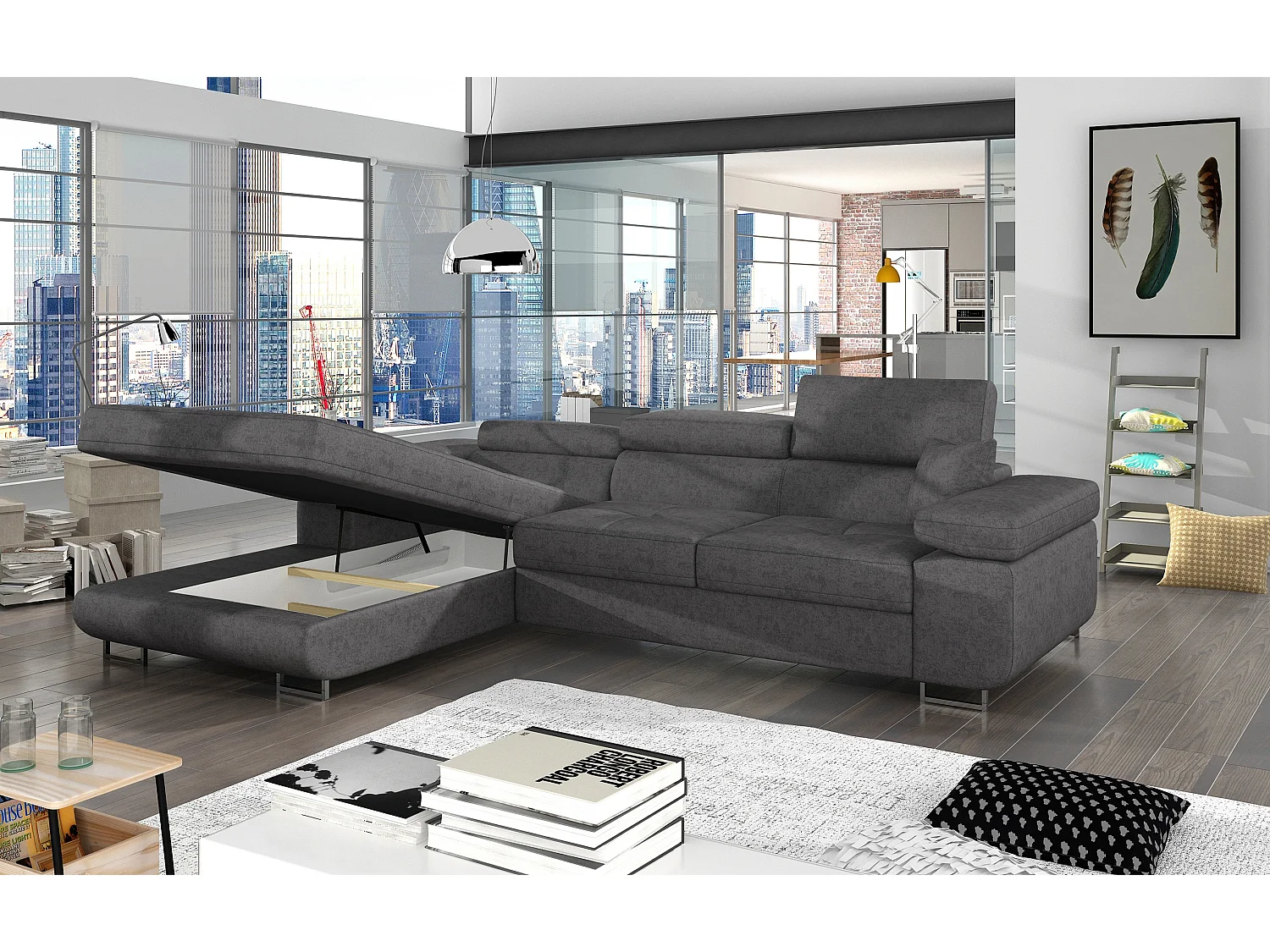 Canapé d’angle convertible KALIZO en velours avec coffre et têtières réglables – 289cm-Gris-angle gauche