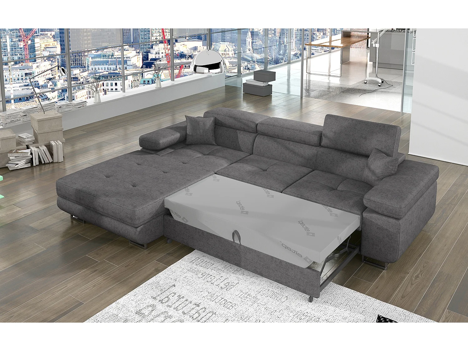 Canapé d’angle convertible KALIZO en velours avec coffre et têtières réglables – 289cm-Gris-angle gauche