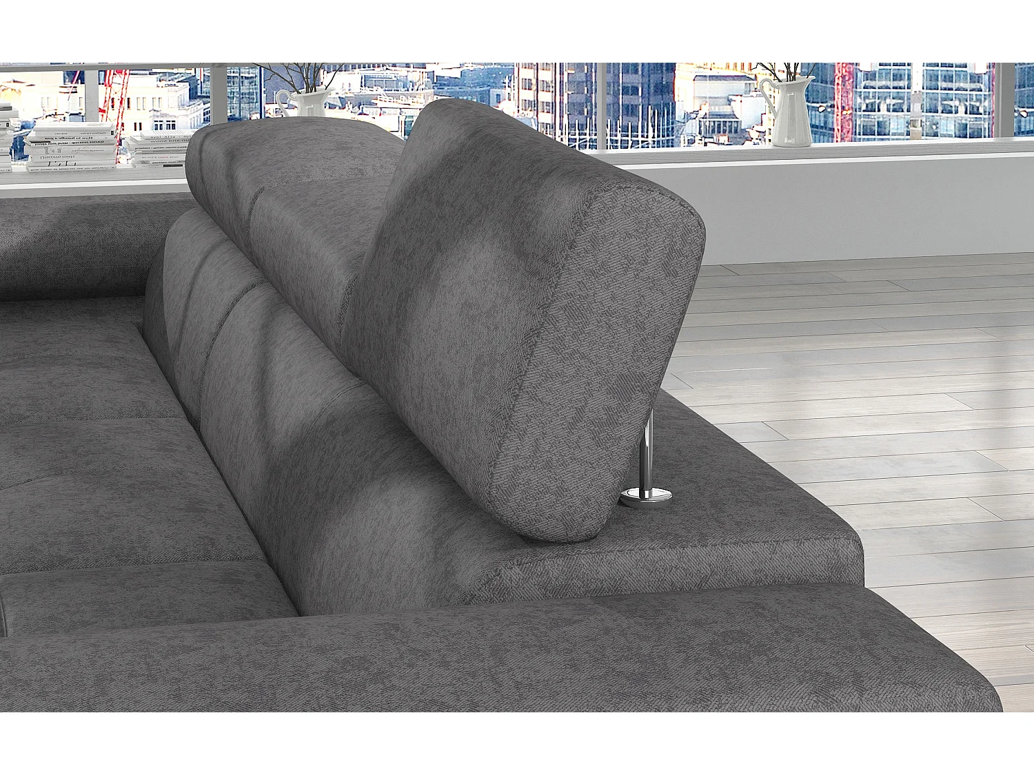 Canapé d’angle convertible KALIZO en velours avec coffre et têtières réglables – 289cm-Gris-angle gauche