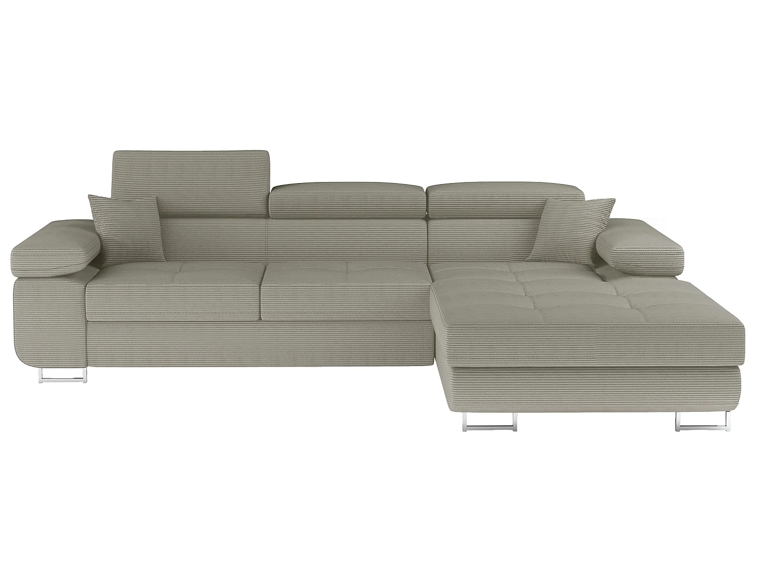 Canapé d’angle convertible KALIZO en tissu côtelé avec coffre, têtières réglables et pieds en acier chromé – 289cm-Beige-angle droit