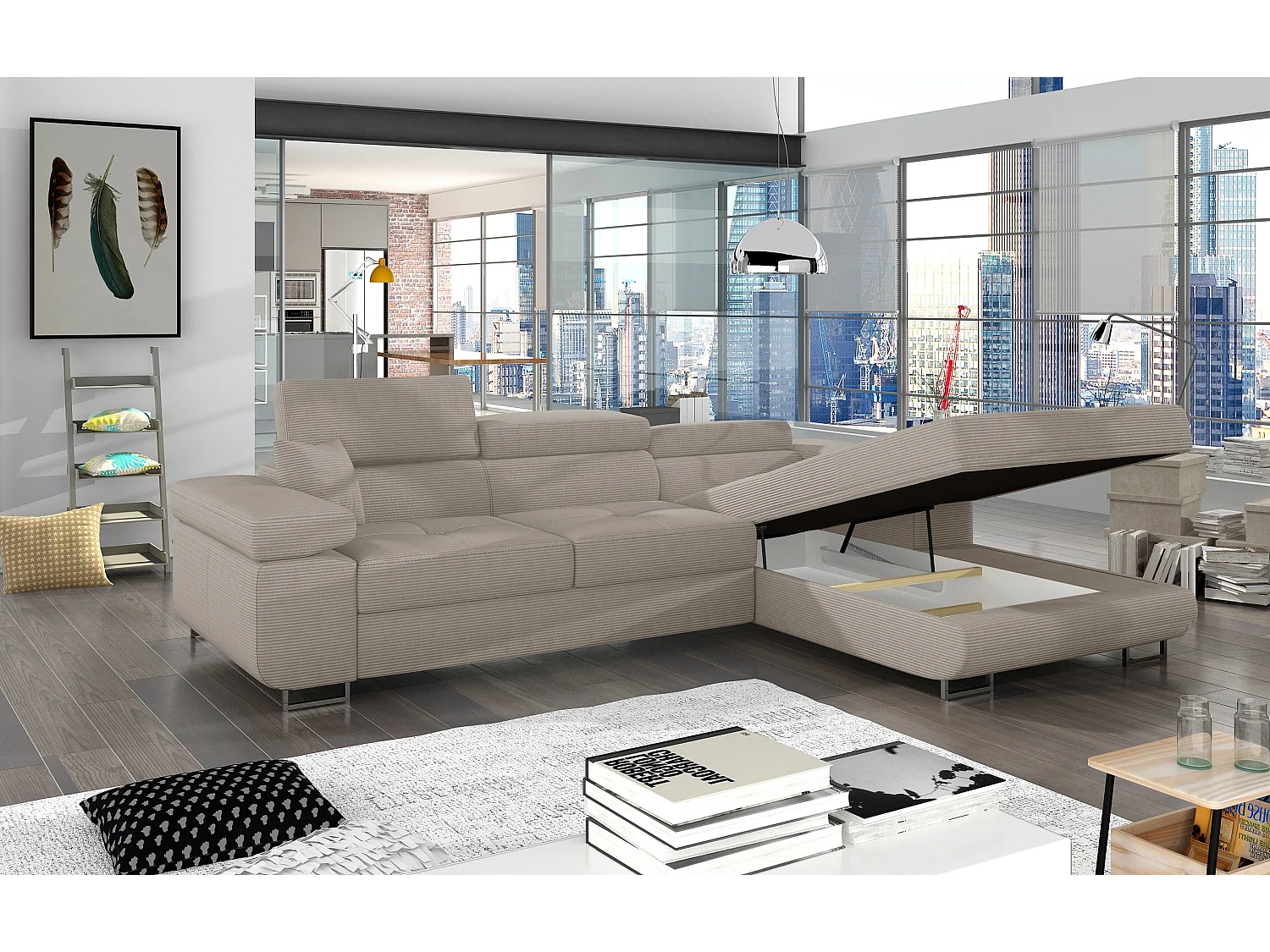 Canapé d’angle convertible KALIZO en tissu côtelé avec coffre, têtières réglables et pieds en acier chromé – 289cm-Beige-angle droit