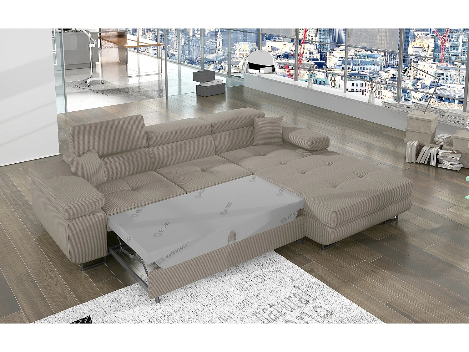 Canapé d’angle convertible KALIZO en tissu côtelé avec coffre, têtières réglables et pieds en acier chromé – 289cm-Beige-angle droit
