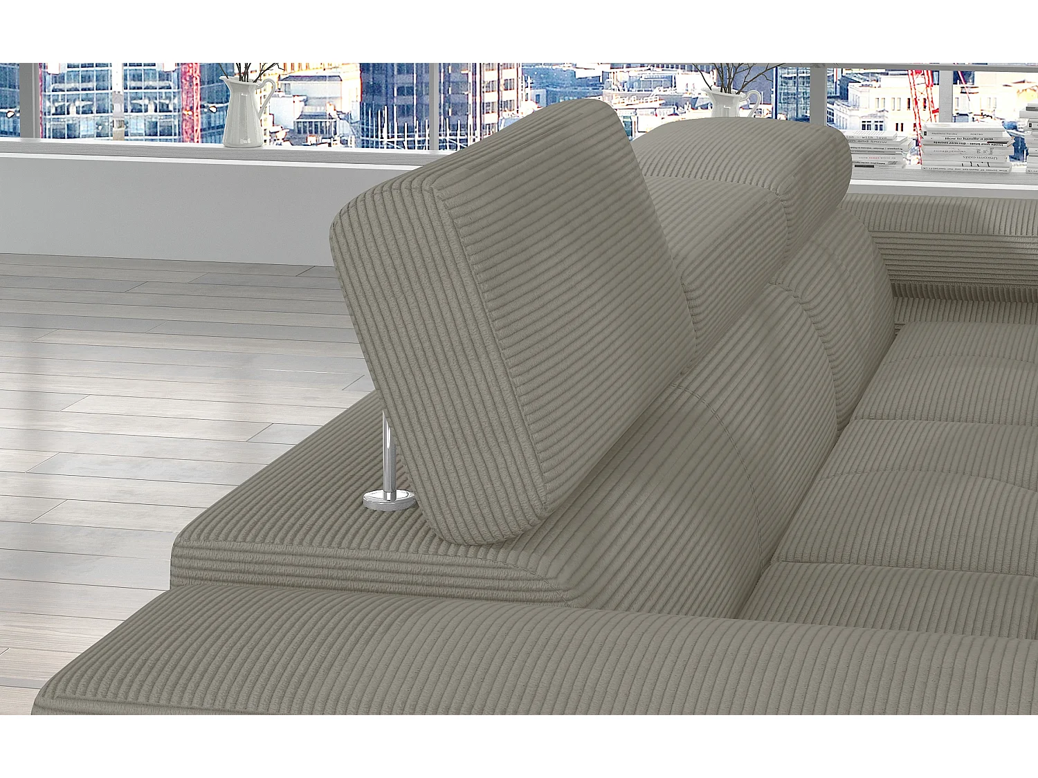 Canapé d’angle convertible KALIZO en tissu côtelé avec coffre, têtières réglables et pieds en acier chromé – 289cm-Beige-angle droit