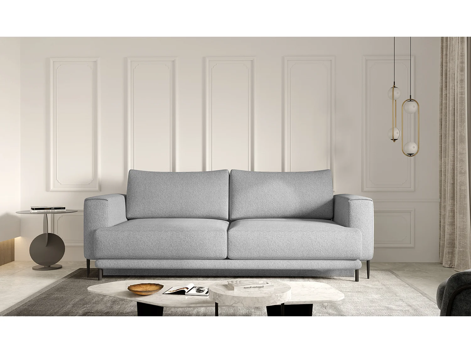 Canapé droit convertible 3 places DAVINA en tissu avec coffre et pieds en métal noir – 248cm-Gris clair