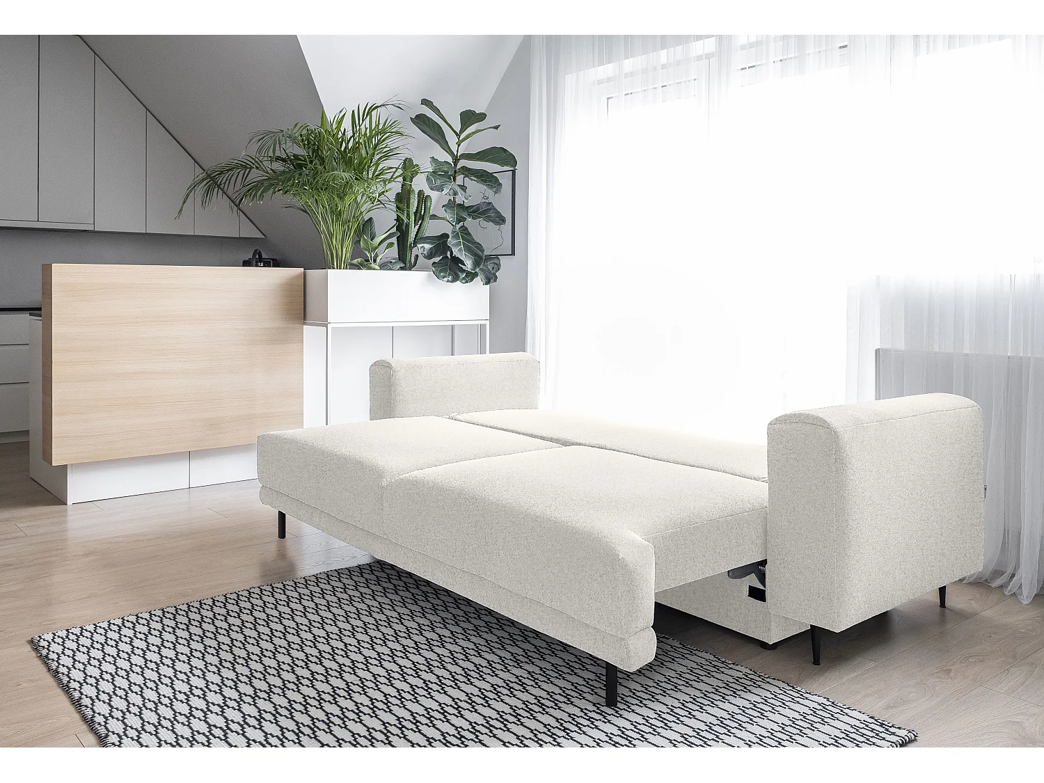 Canapé droit convertible 3 places DAVINA en tissu avec coffre et pieds en métal noir – 248cm-Gris clair