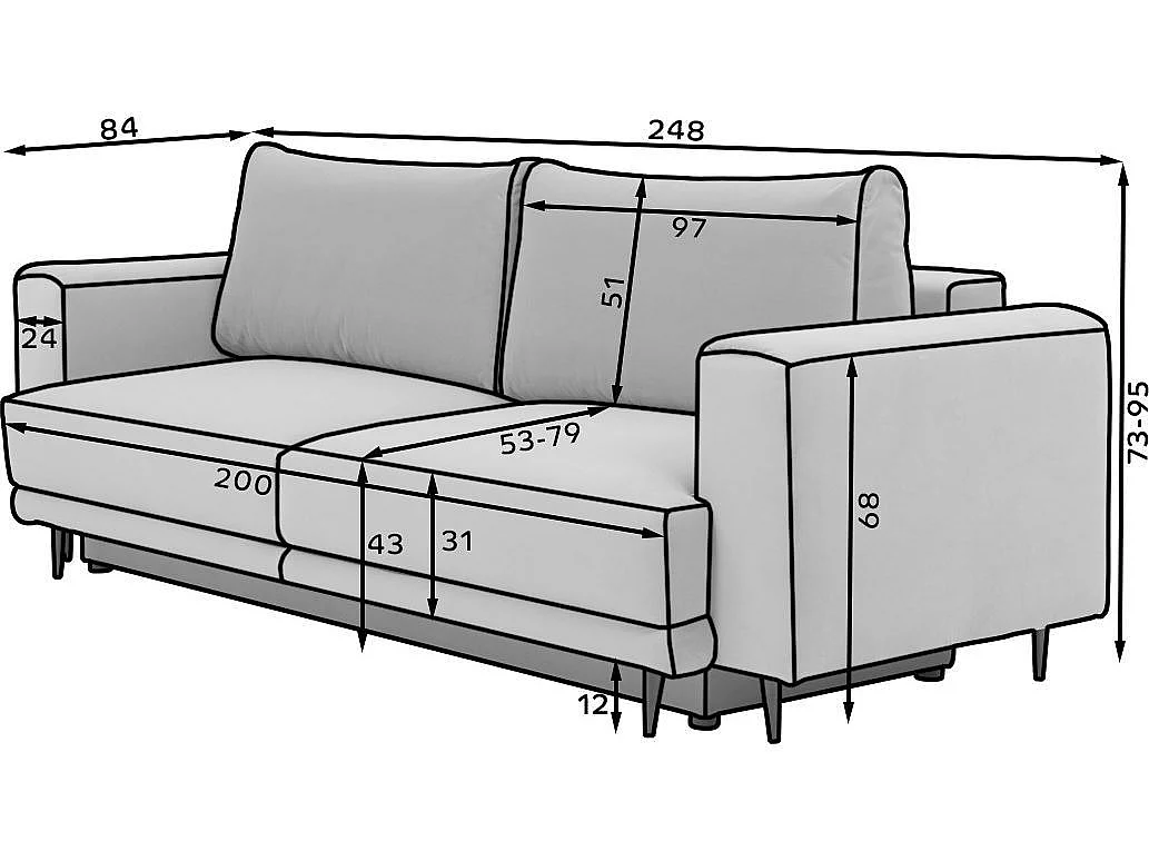 Canapé droit convertible 3 places DAVINA en tissu avec coffre et pieds en métal noir – 248cm-Gris clair