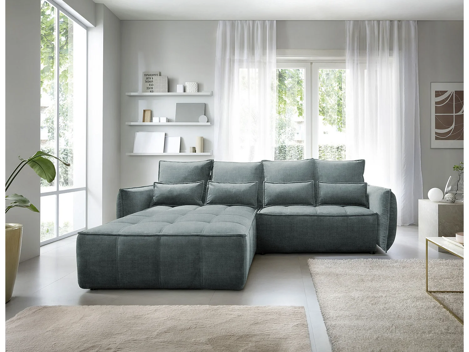Canapé d’angle convertible 4 places KAMPUS en tissu effet cuir avec coffre de rangement – 265cm-Vert sapin-angle gauche
