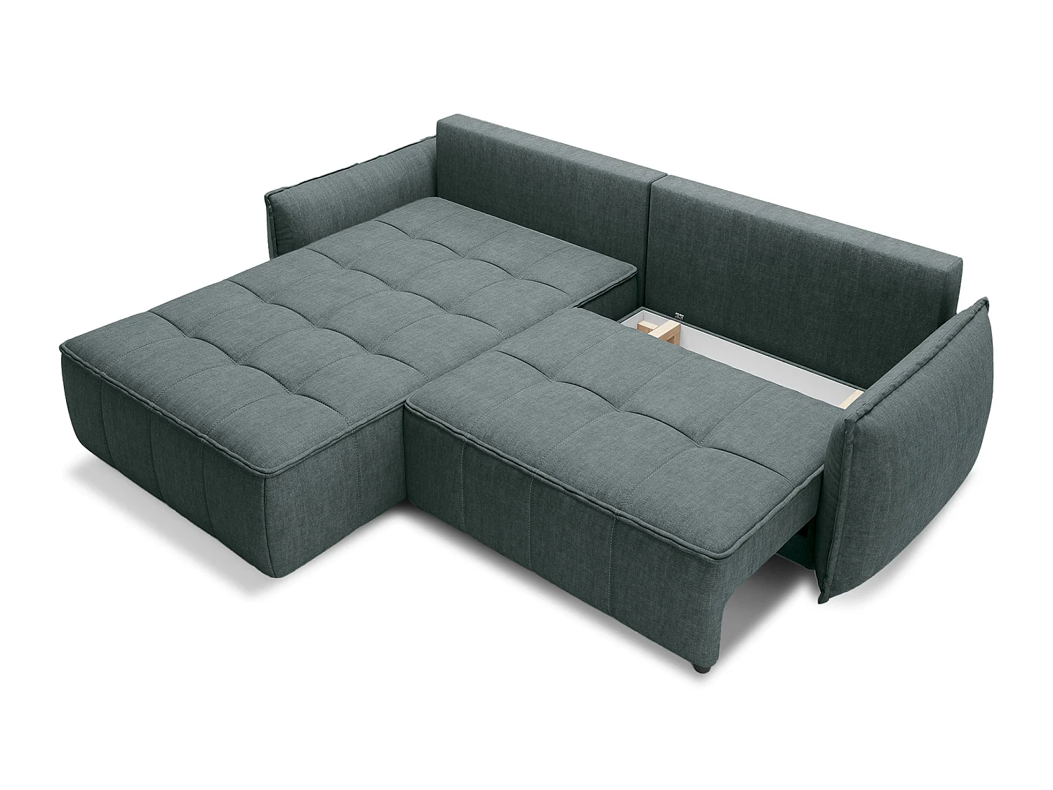 Canapé d’angle convertible 4 places KAMPUS en tissu effet cuir avec coffre de rangement – 265cm-Vert sapin-angle gauche