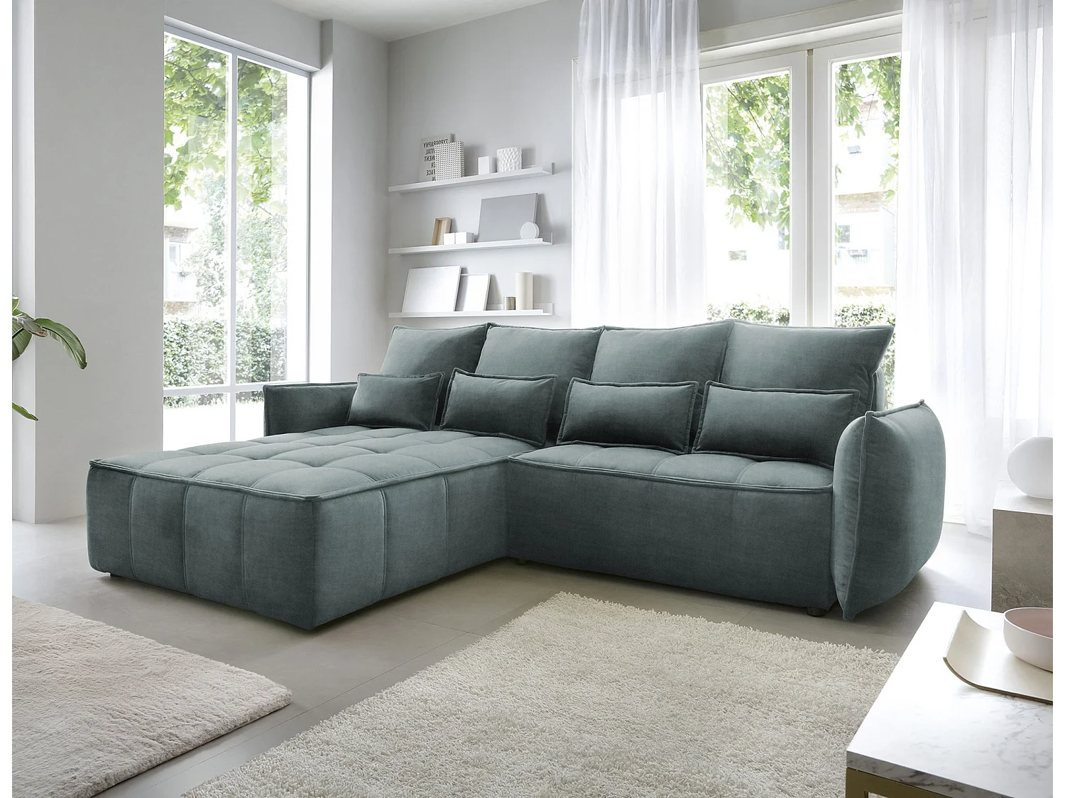 Canapé d’angle convertible 4 places KAMPUS en tissu effet cuir avec coffre de rangement – 265cm-Vert sapin-angle gauche