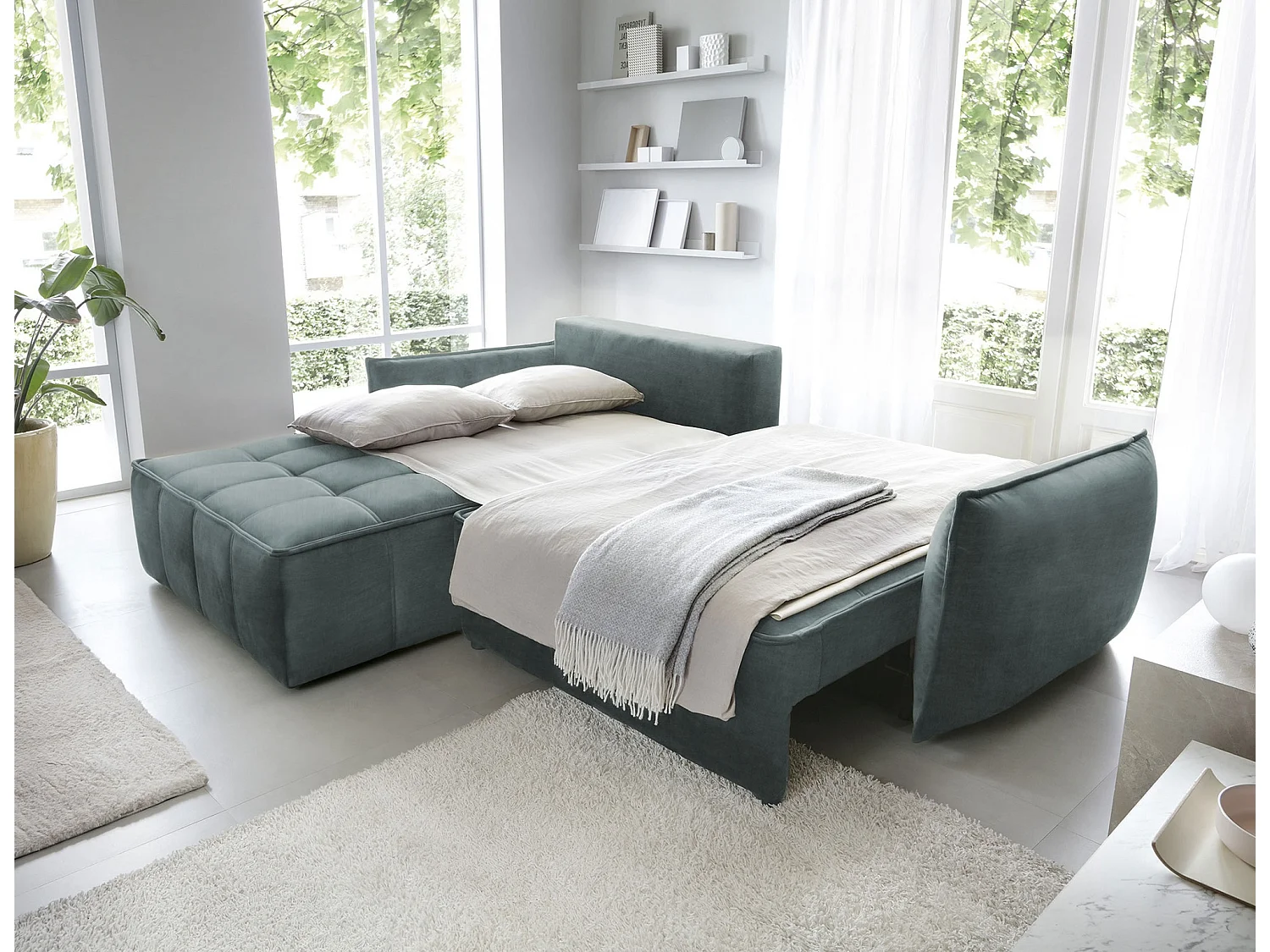Canapé d’angle convertible 4 places KAMPUS en tissu effet cuir avec coffre de rangement – 265cm-Vert sapin-angle gauche