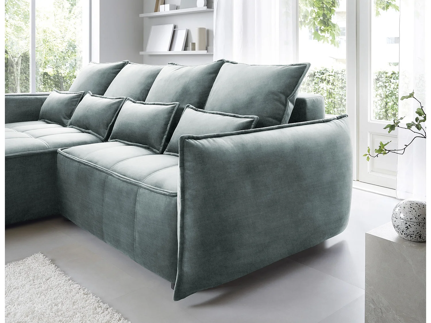 Canapé d’angle convertible 4 places KAMPUS en tissu effet cuir avec coffre de rangement – 265cm-Vert sapin-angle gauche