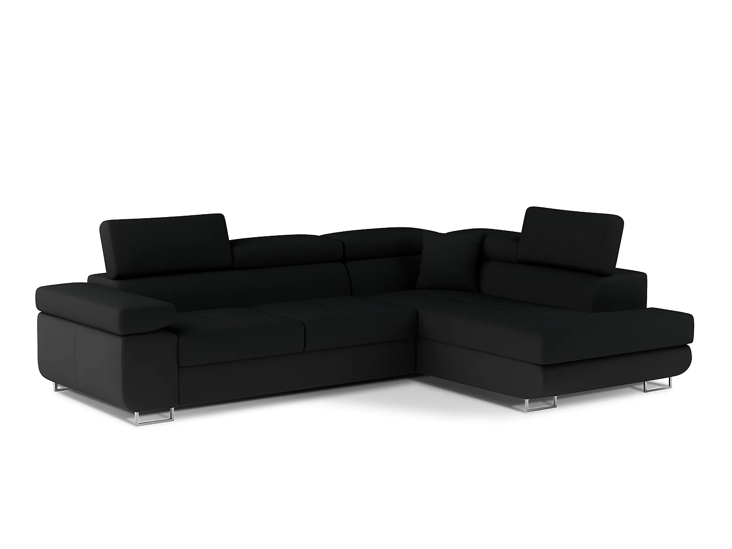 Sofá esquinero convertible en símil piel y tela reposacabezas elevables - Colección Marka-Negro/Negro-Ángulos rectos