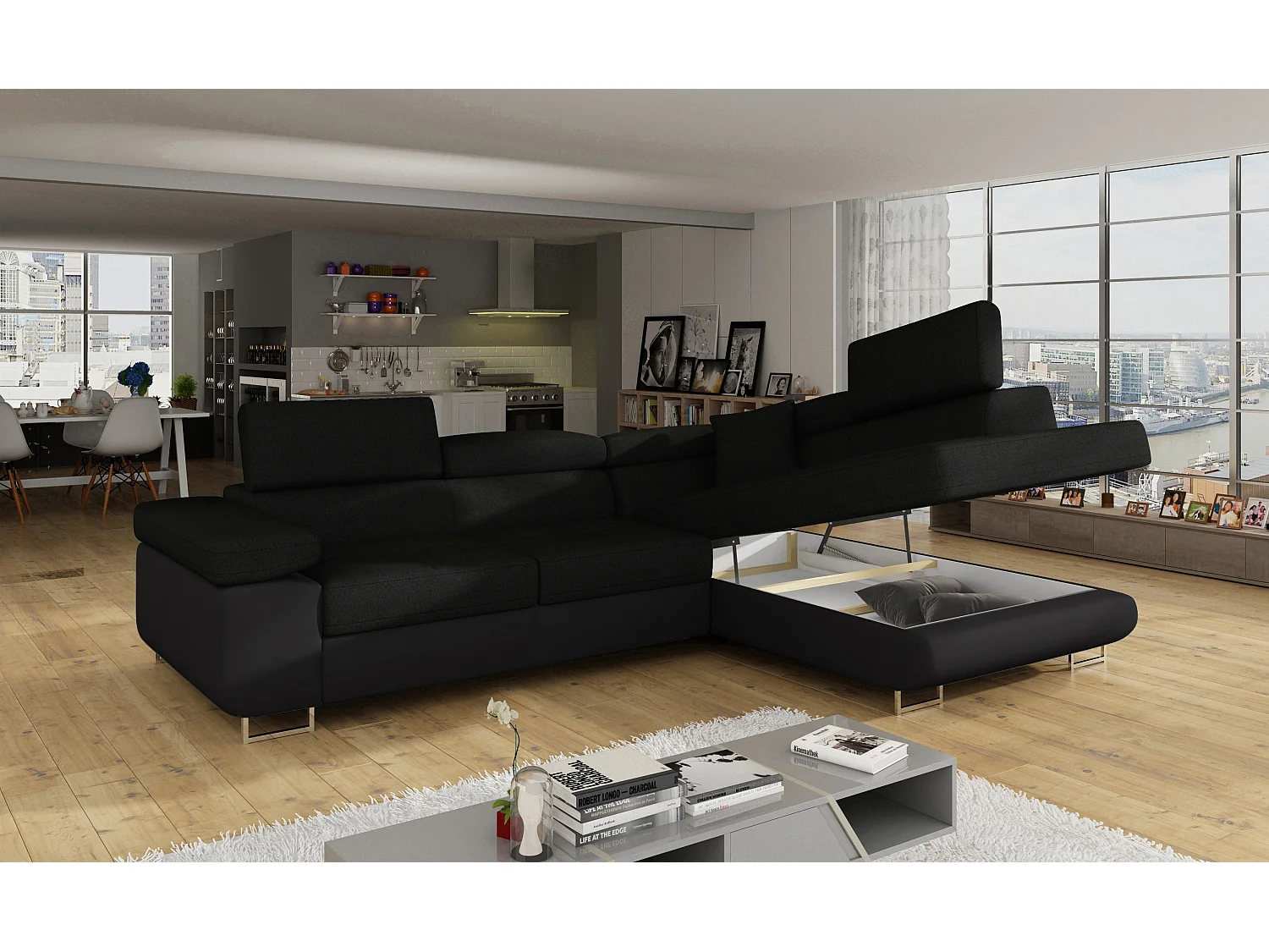 Sofá esquinero convertible en símil piel y tela reposacabezas elevables - Colección Marka-Negro/Negro-Ángulos rectos