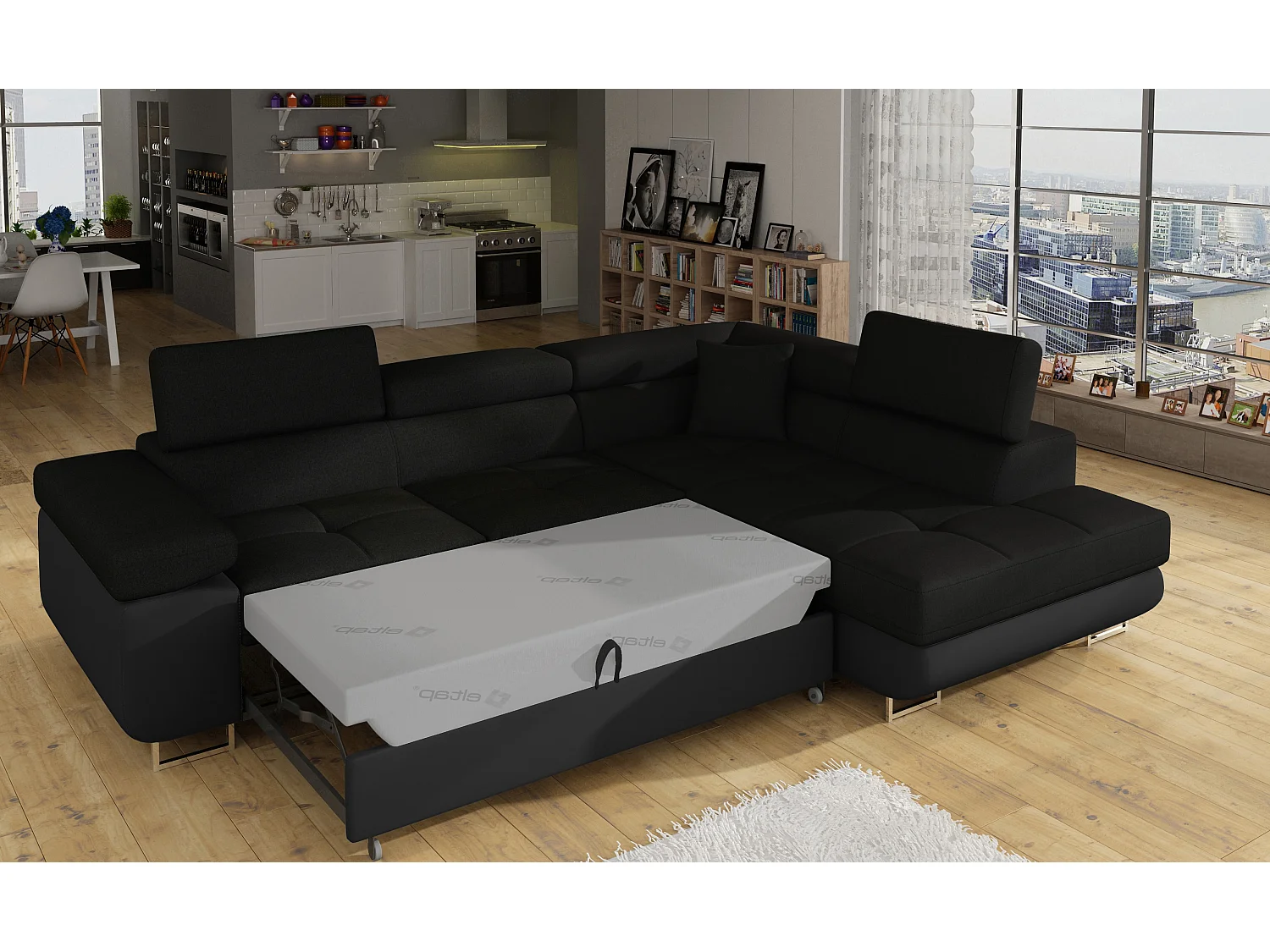 Sofá esquinero convertible en símil piel y tela reposacabezas elevables - Colección Marka-Negro/Negro-Ángulos rectos