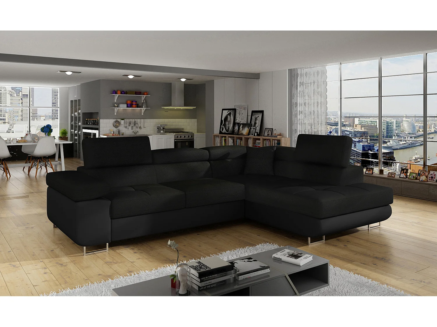 Sofá esquinero convertible en símil piel y tela reposacabezas elevables - Colección Marka-Negro/Negro-Ángulos rectos