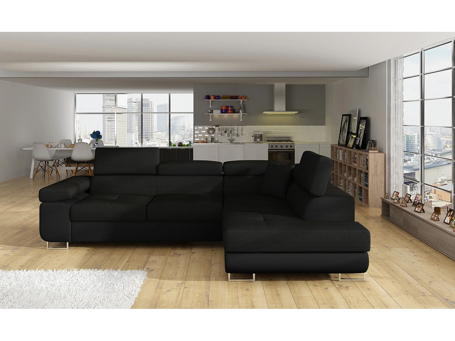 Sofá esquinero convertible en símil piel y tela reposacabezas elevables - Colección Marka-Negro/Negro-Ángulos rectos