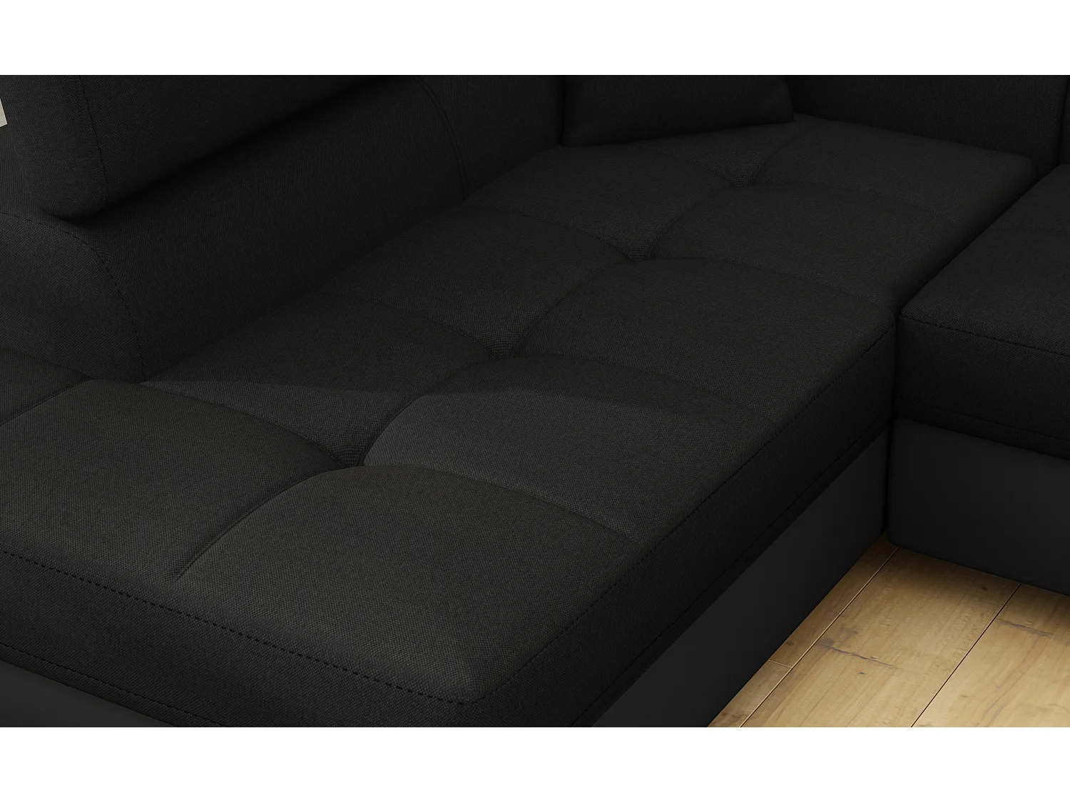 Sofá esquinero convertible en símil piel y tela reposacabezas elevables - Colección Marka-Negro/Negro-Ángulos rectos