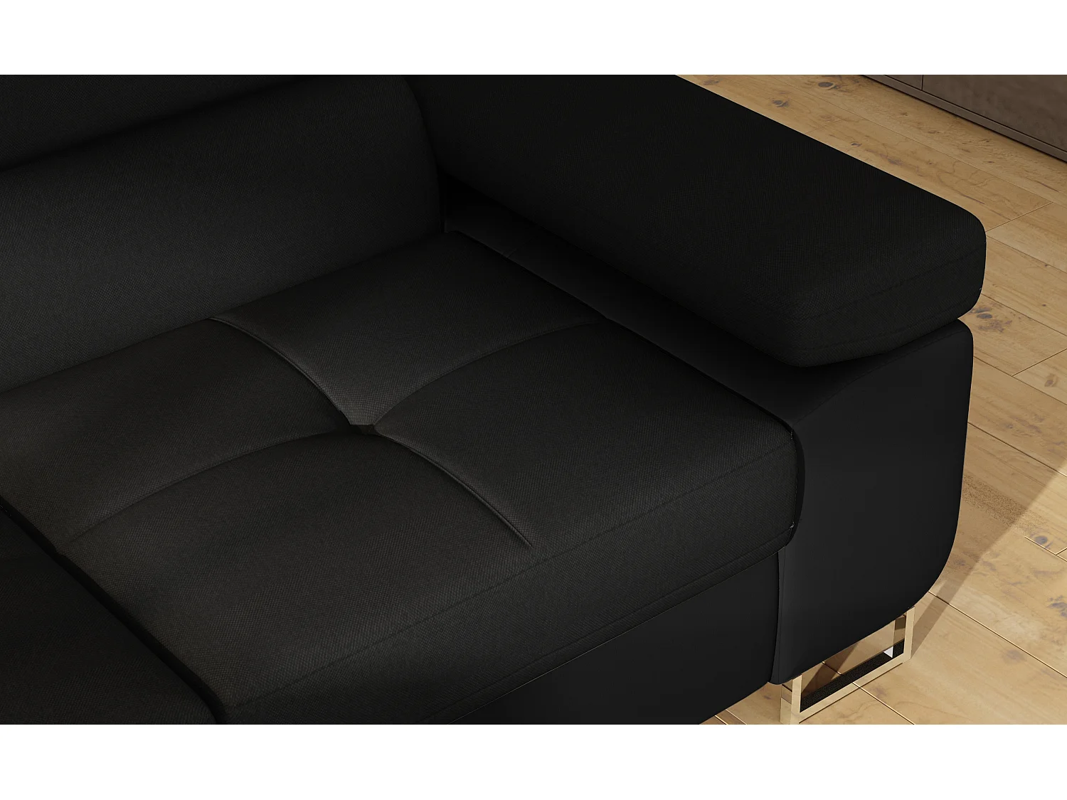 Sofá esquinero convertible en símil piel y tela reposacabezas elevables - Colección Marka-Negro/Negro-Ángulos rectos