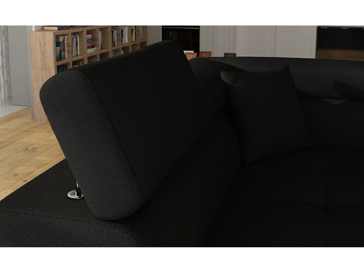 Sofá esquinero convertible en símil piel y tela reposacabezas elevables - Colección Marka-Negro/Negro-Ángulos rectos