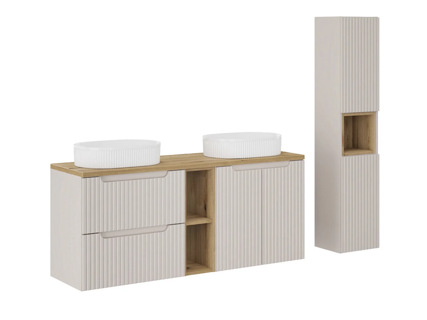 Ensemble salle de bain 170cm double vasque ovale blanche NOVA avec meubles suspendus et colonne-Taupe