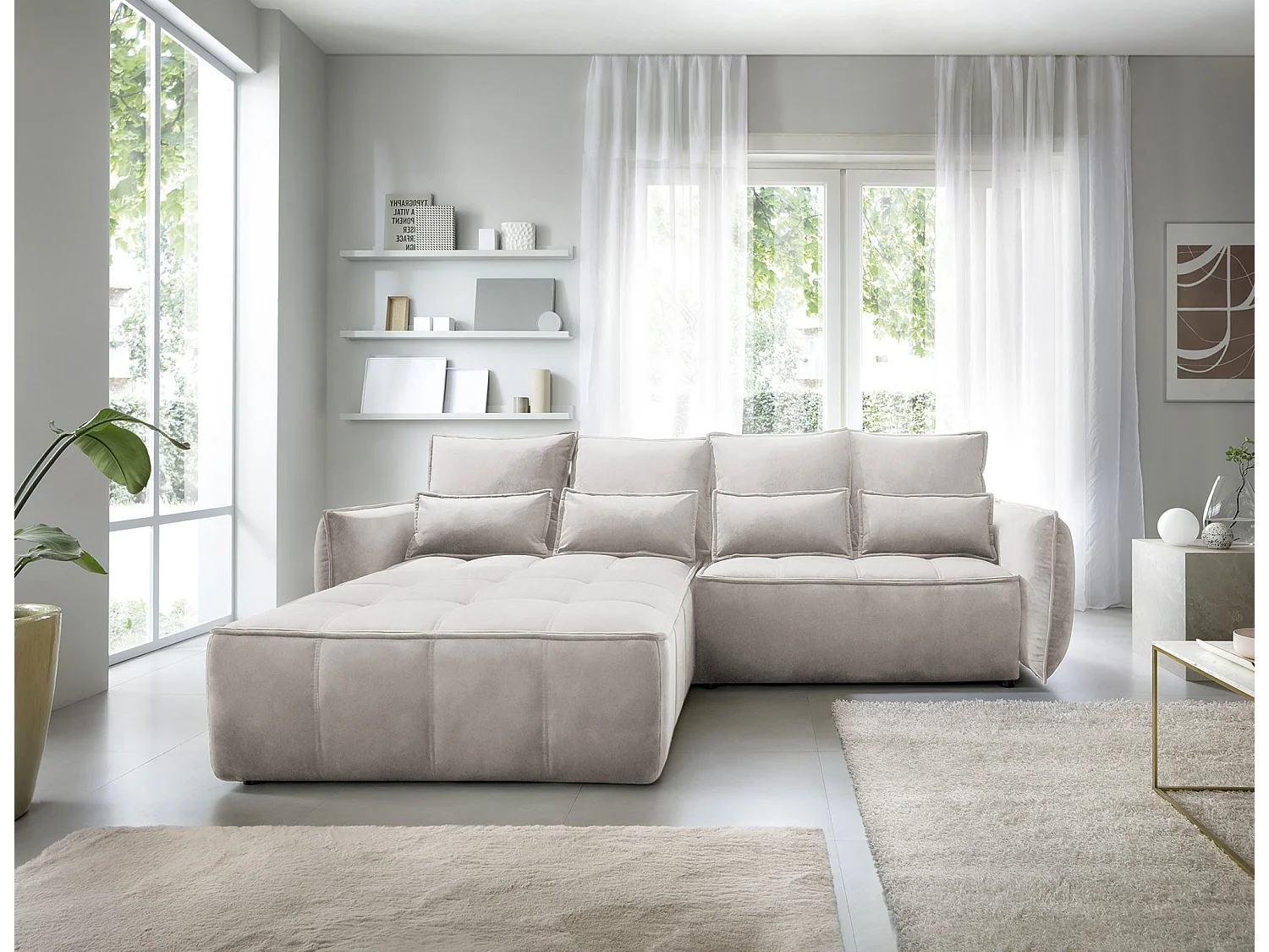 Canapé d’angle convertible 4 places KAMPUS en tissu effet cuir avec coffre de rangement – 265cm-Beige clair-angle gauche